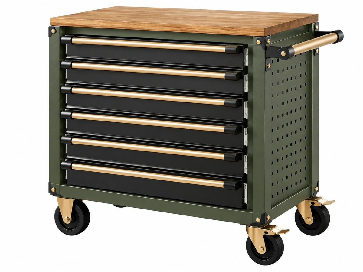Gereedschapswagen 100 x 50 x 95 cm - stalen opbergwagen met houten werkblad en 6 laden