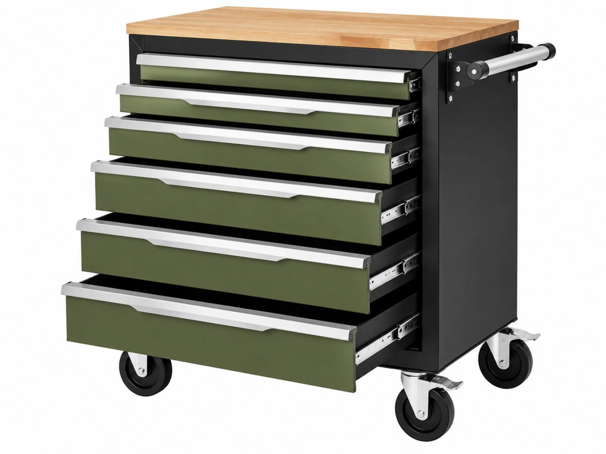 Gereedschapswagen 77 x 46 x 97 cm staal groen zwart met houten werkblad en 6 laden
