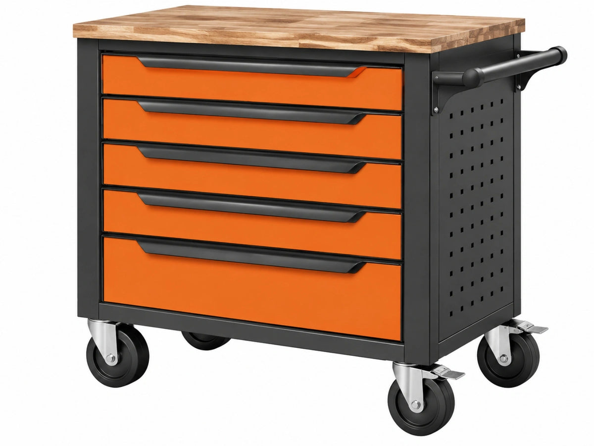 Gereedschapswagen 77 x 46 x 97 cm staal en hout oranje zwart met 5 laden en wielen