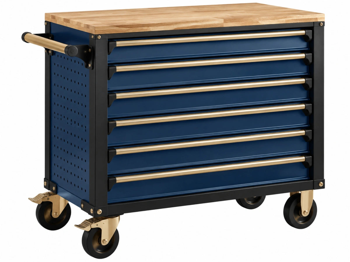 Gereedschapswagen 80 x 45 x 95 cm staal hout blauw zwart met 6 laden en wielen