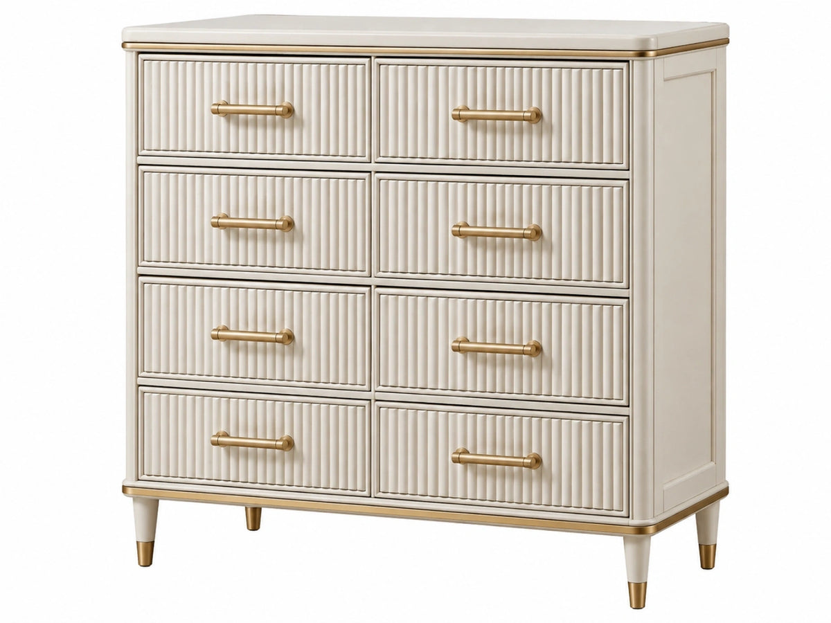 Ladekast 120 x 45 x 105 cm crème hout met goudkleurige metalen handgrepen - 8 lades geribbelde moderne opbergkast