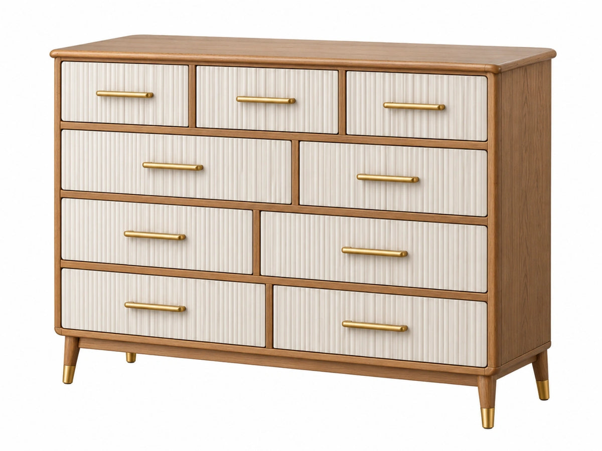 Ladekast 150 x 45 x 110 cm hout naturel wit met 9 laden geribbelde fronten
