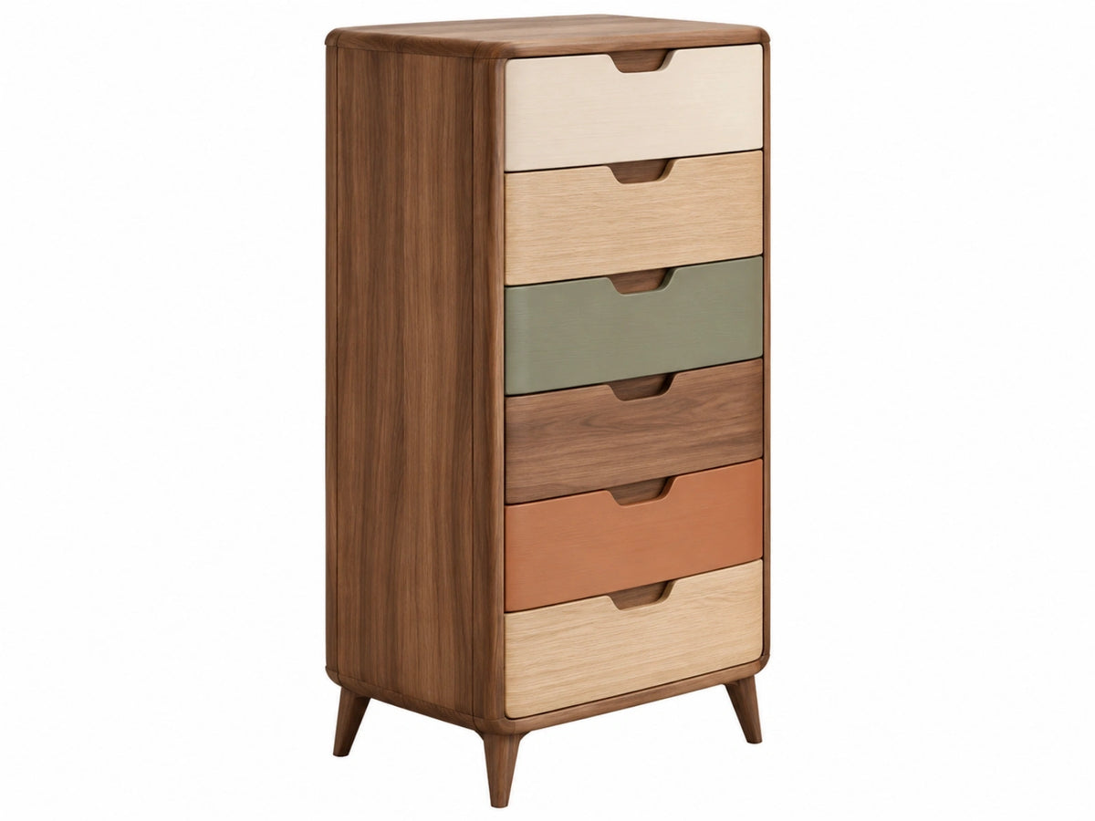 Ladenkast 60 x 40 x 120 cm hout walnootkleurig met 6 laden in retrostijl