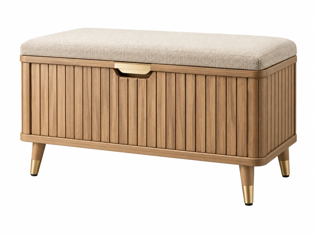 Opbergbank 100 x 40 x 50 cm hout beige gestoffeerd zitvlak geribbelde stijl