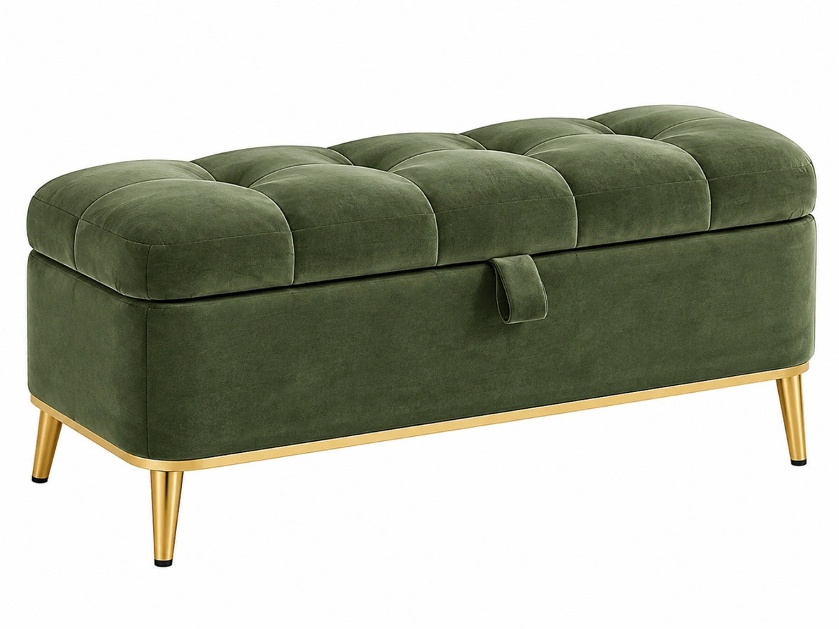 Opbergbank 120 x 45 x 48 cm groen fluweelachtige stof met gouden metalen poten