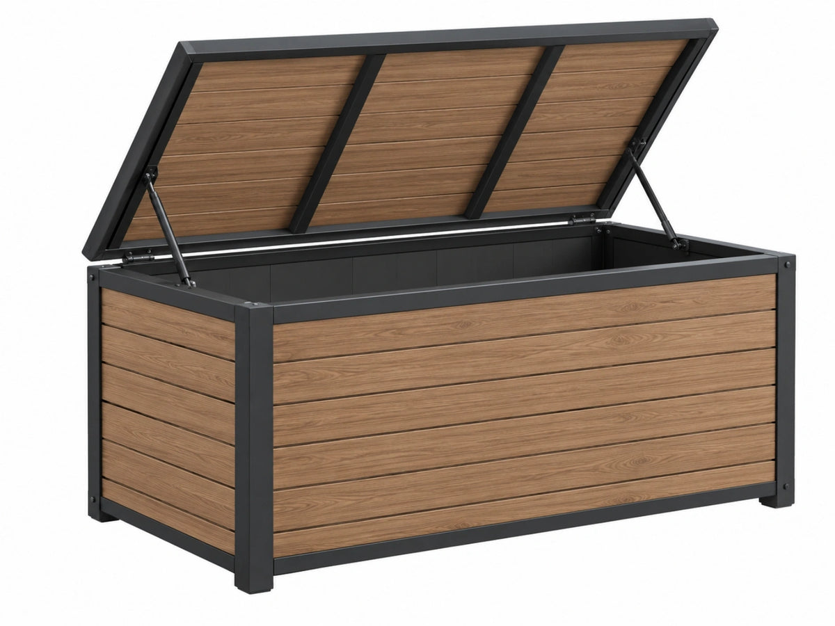 Tuinopbergkist 120 x 60 x 63 cm houtlook bruin zwart met metalen frame en gasveren