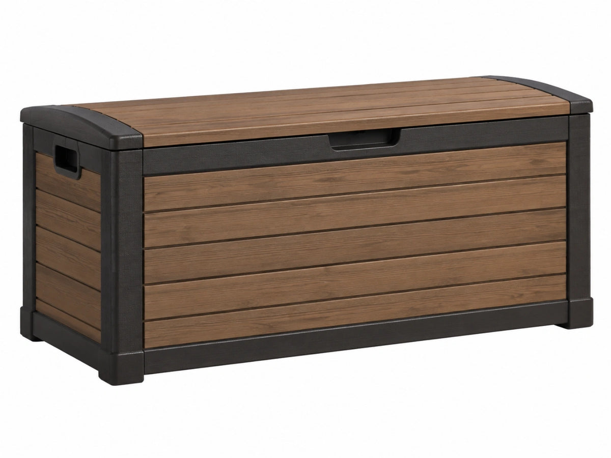 Kunststof buitenopbergkist 128 x 65 x 61 cm bruin zwart - houtlook zitbank