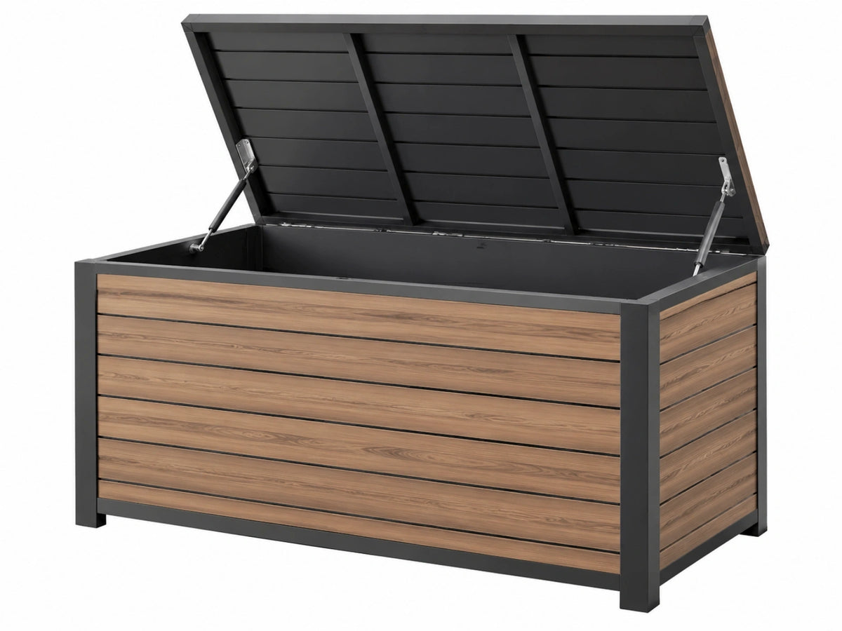 Opbergkist 120 x 60 x 65 cm metaal en houtlook bruin zwart - buitenopslag met deksel