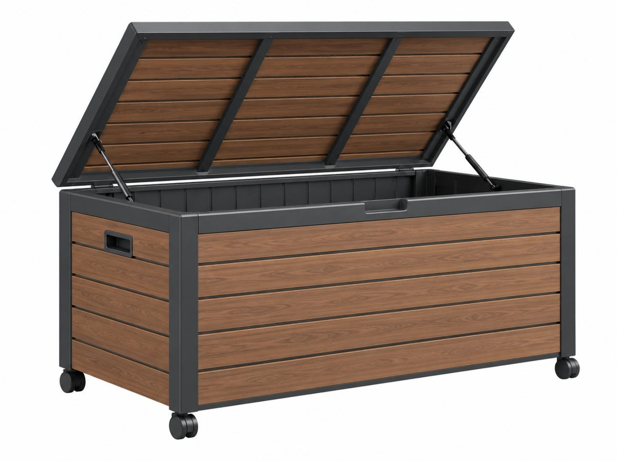 Opbergkist voor buiten 120 x 60 x 65 cm metaal bruin zwart met wielen en gasveren
