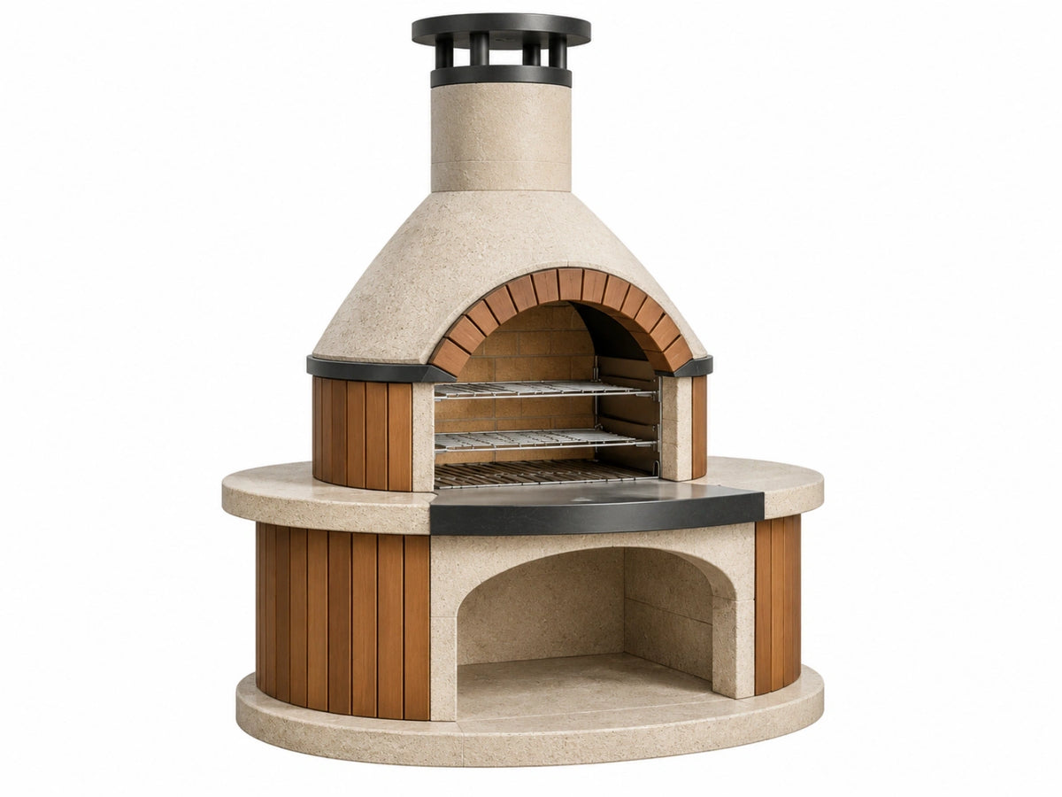 Buitenpizzaoven Ø140 cm - steen hout met metalen roosters voor houtgestookt bakken