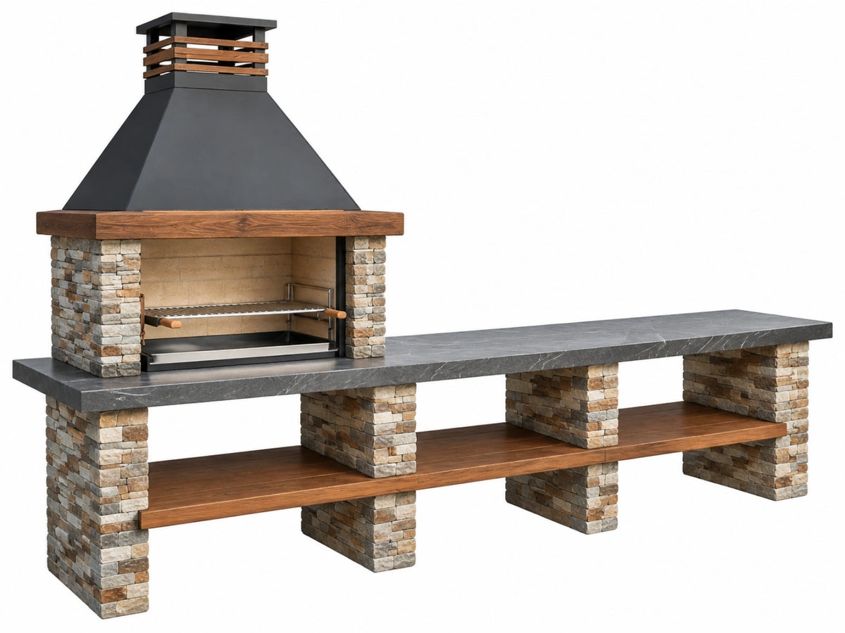 Buitenbarbecue 300 x 90 x 250 cm - steen staal hout - rustieke haard met werkblad