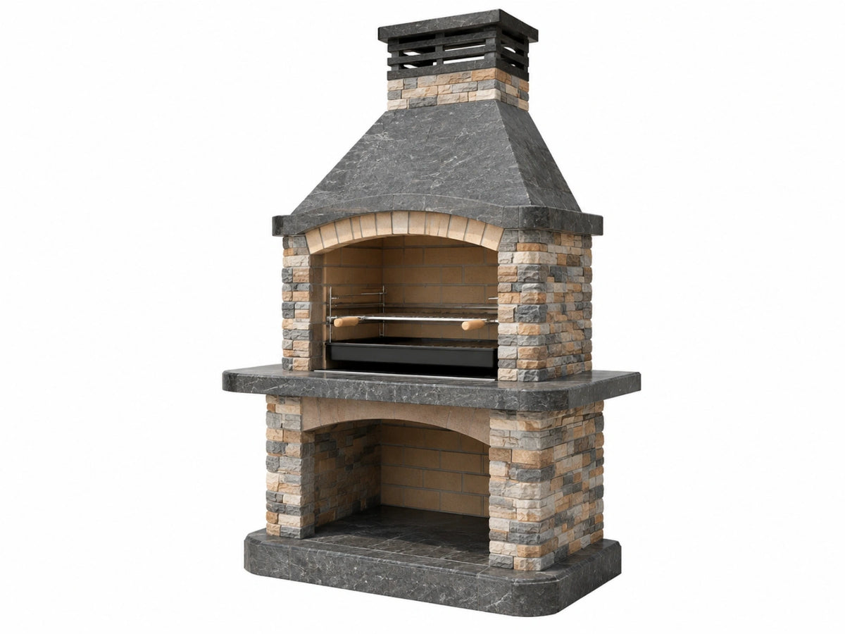 Buitenbarbecue 120 x 70 x 220 cm - steen en metaal - grijs/beige - met schoorsteen en grillrooster