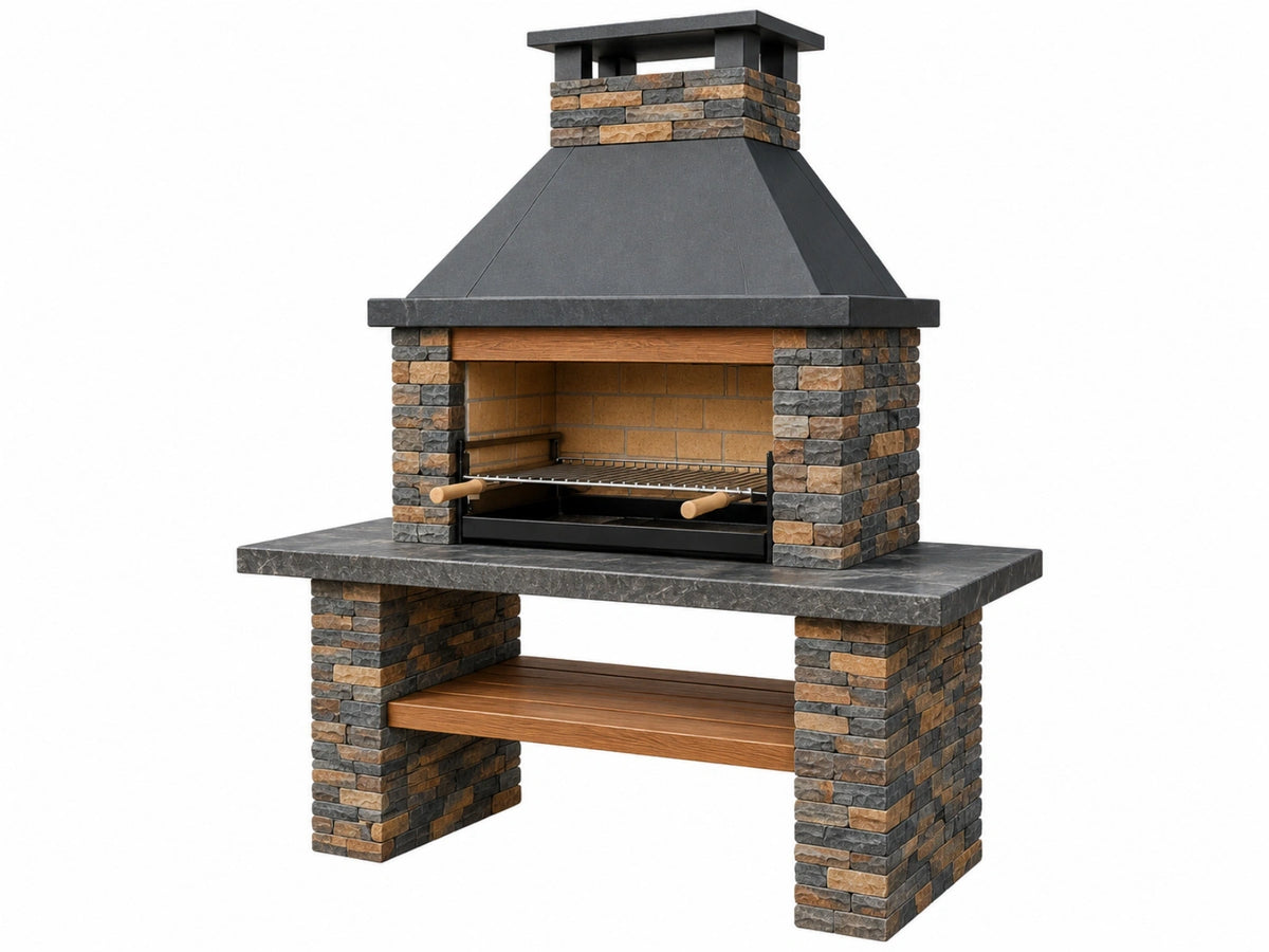 Buitenbarbecue 140 x 70 x 210 cm steen en metaal zwart/bruin - houtskoolgrill met schoorsteen