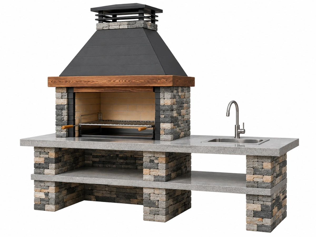 Buitenkeuken 300 x 80 x 250 cm natuursteen grijs met barbecue en spoelbak
