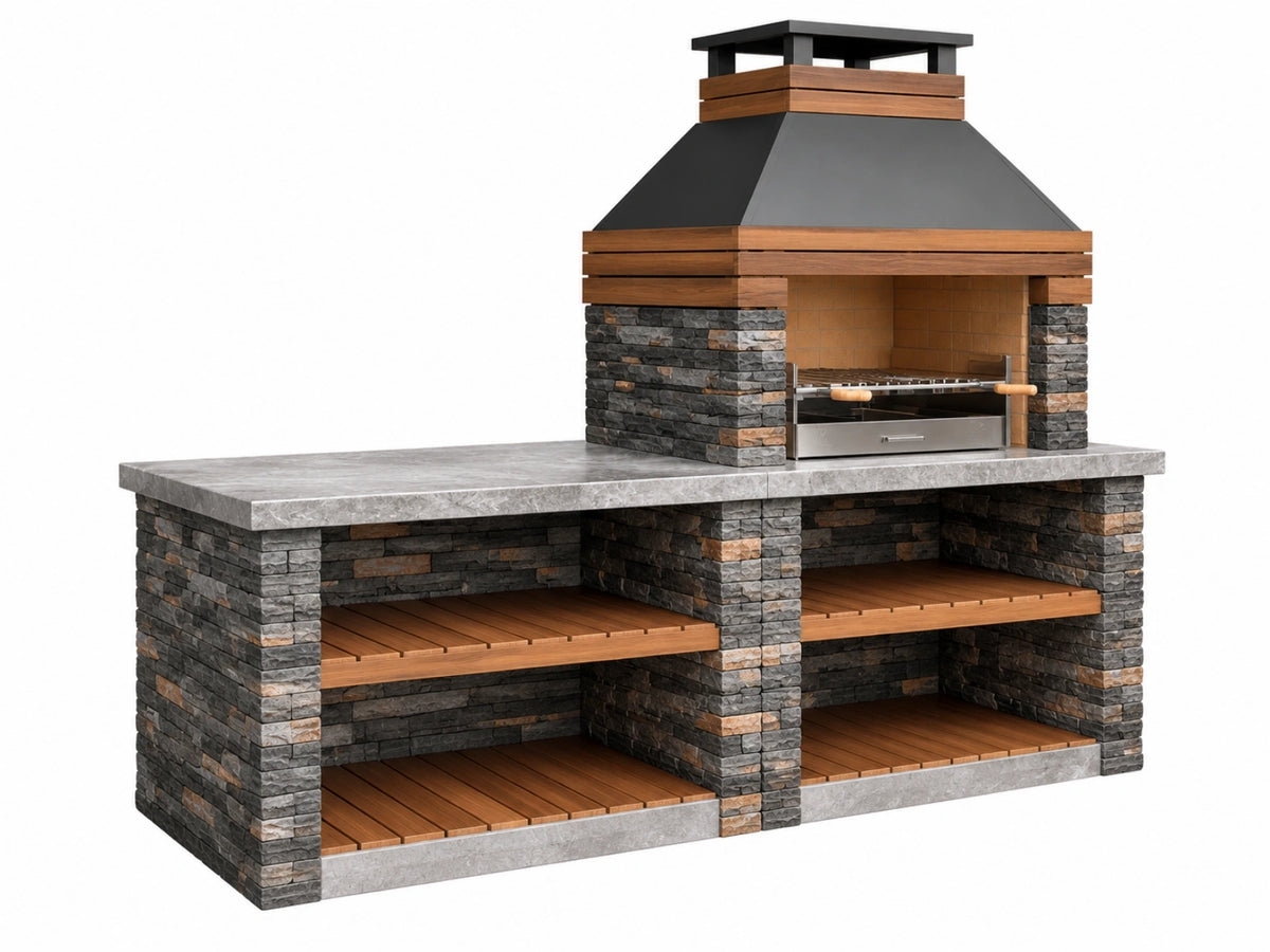 Buitenbarbecue 240 x 90 x 230 cm steen metaal hout grijs bruin met werkblad en opbergruimte