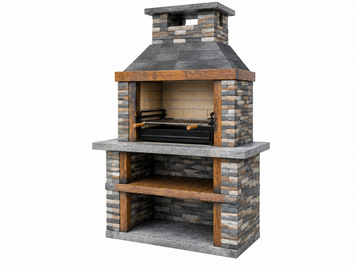 Buitenbarbecue 120 x 70 x 220 cm steen hout grijs bruin met grillrooster en opbergruimtes