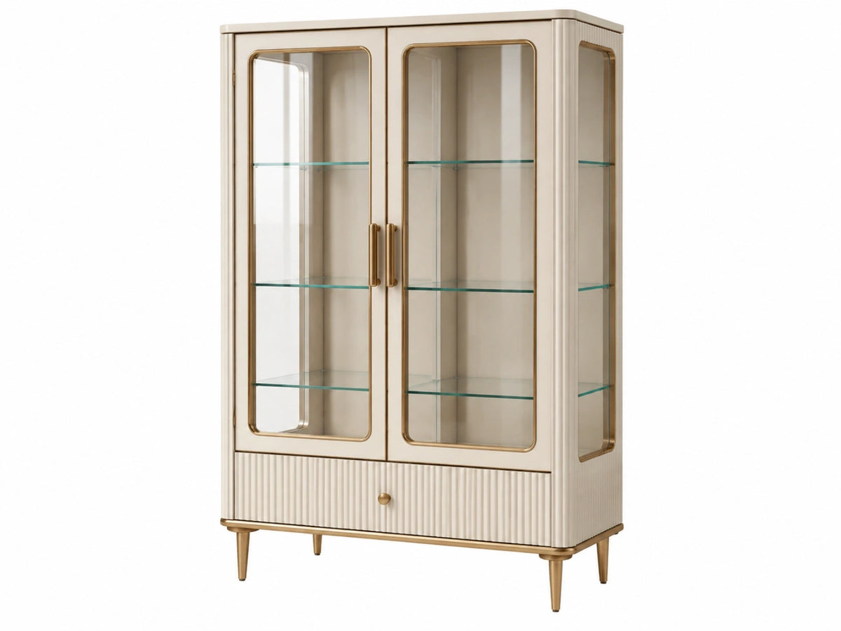 Vitrinekast 100 x 42 x 180 cm crème glas met goudkleurige metalen details - opbergkast met lade